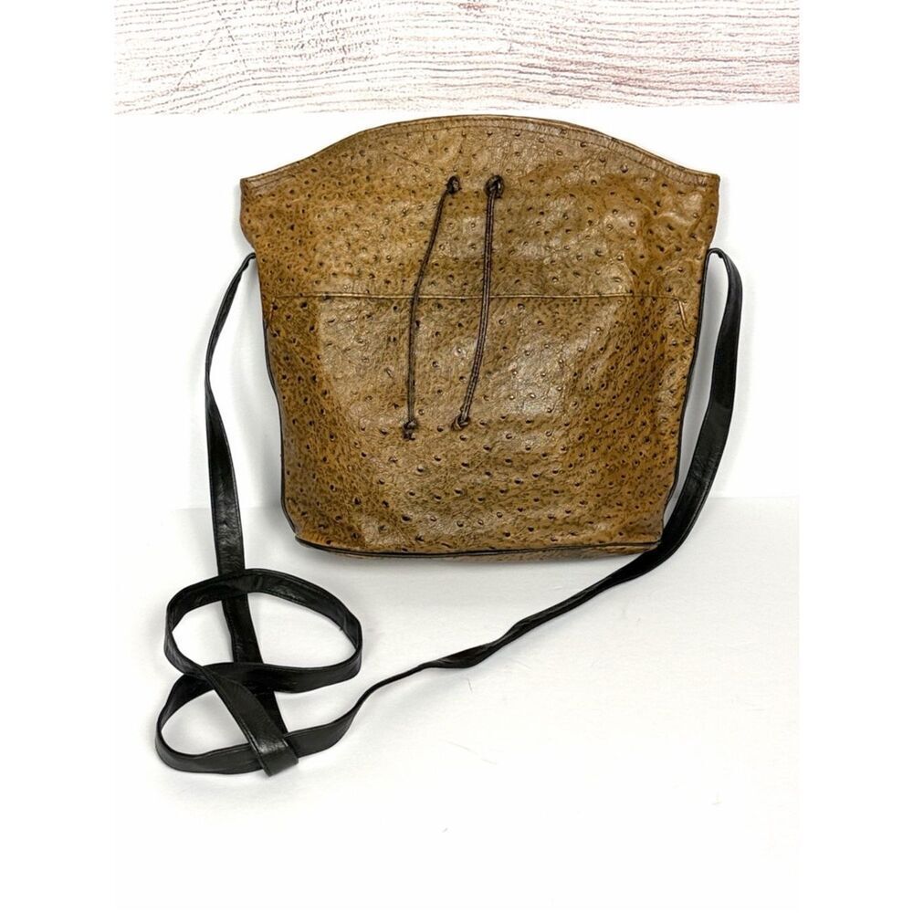 Carlos Falchi Vintage Crossbody Tote Bag Ostrich Embossed Leather Brown Boho